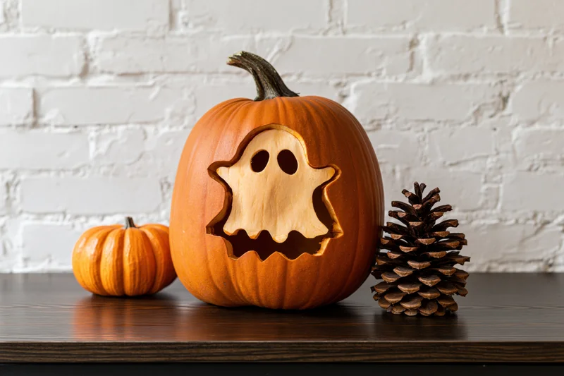 Carved pumpkin with ghost face design on wooden table against white brick wall