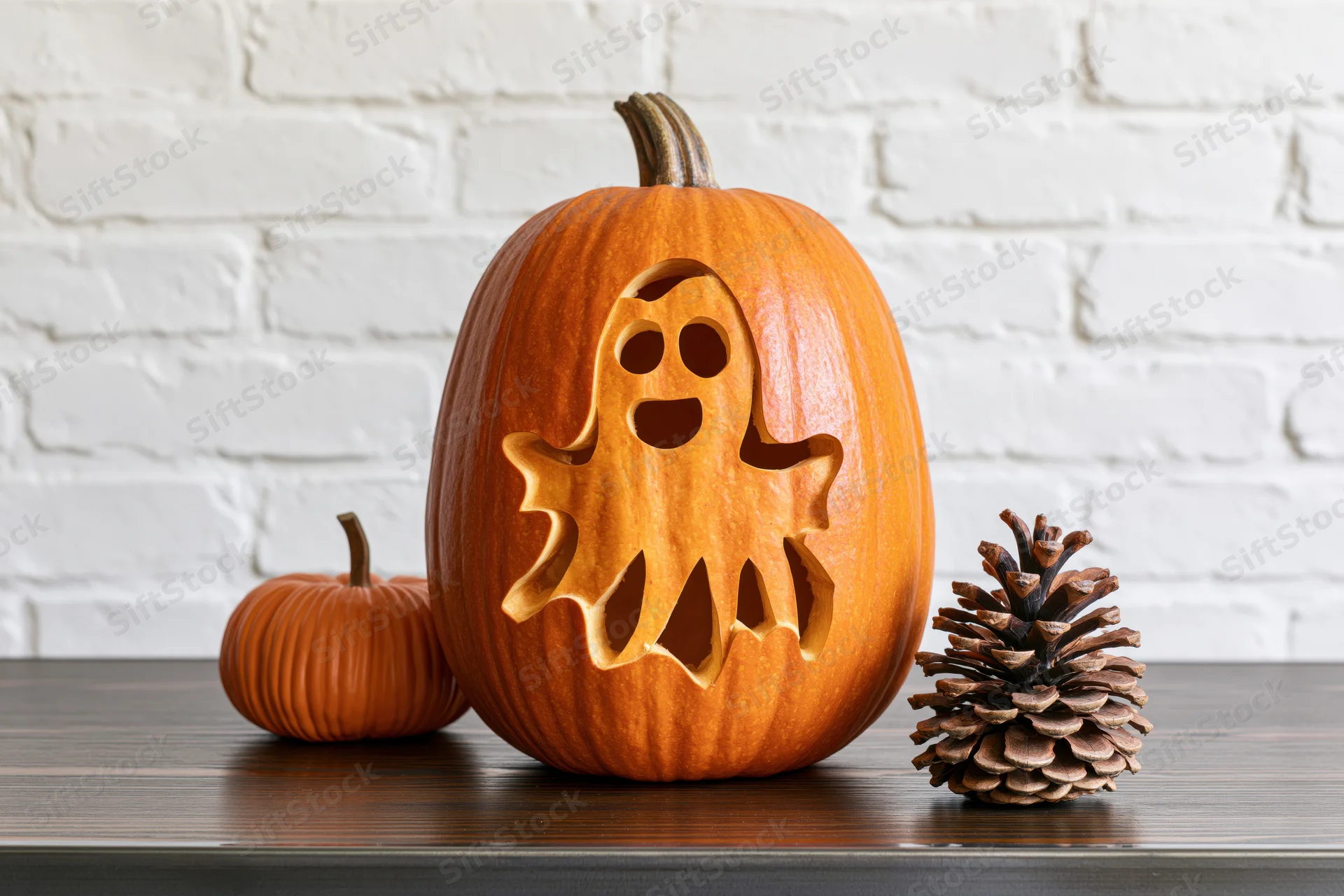 Carved pumpkin with ghost face design on wooden table against white brick wall