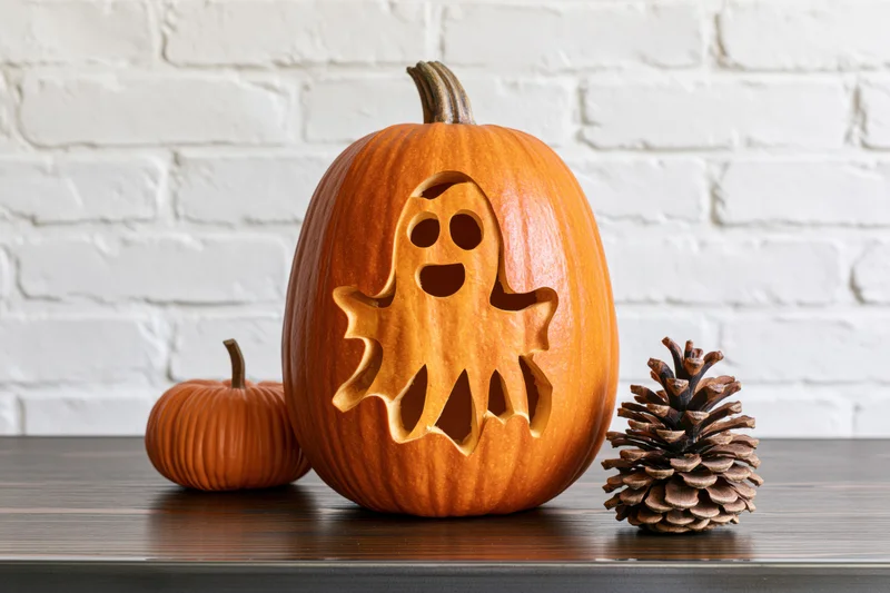 Carved pumpkin with ghost face design on wooden table against white brick wall