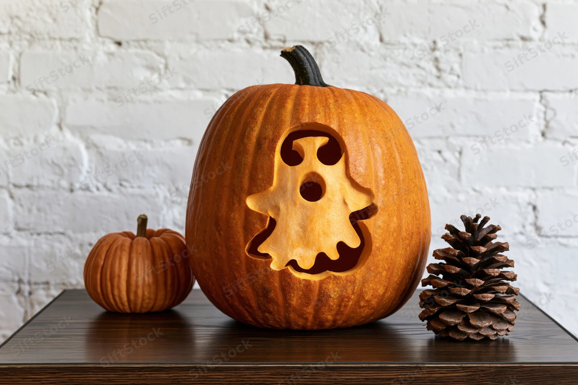 Carved pumpkin with ghost face design on wooden table against white brick wall