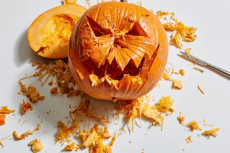 Carved pumpkin with jagged face and scattered pulp on white surface