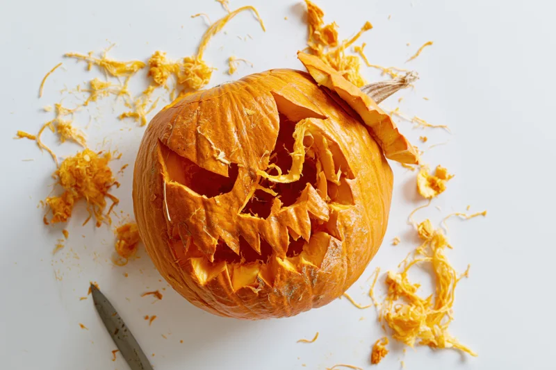 Carved pumpkin with jagged menacing face on white surface