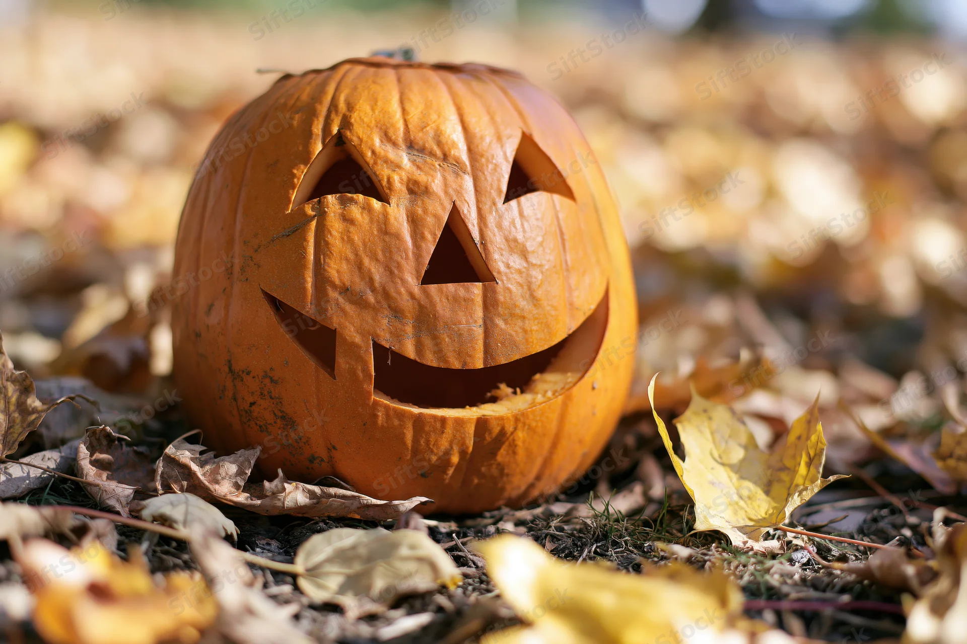 Carved pumpkin with smiling face resting on ground covered in fallen autumn leaves