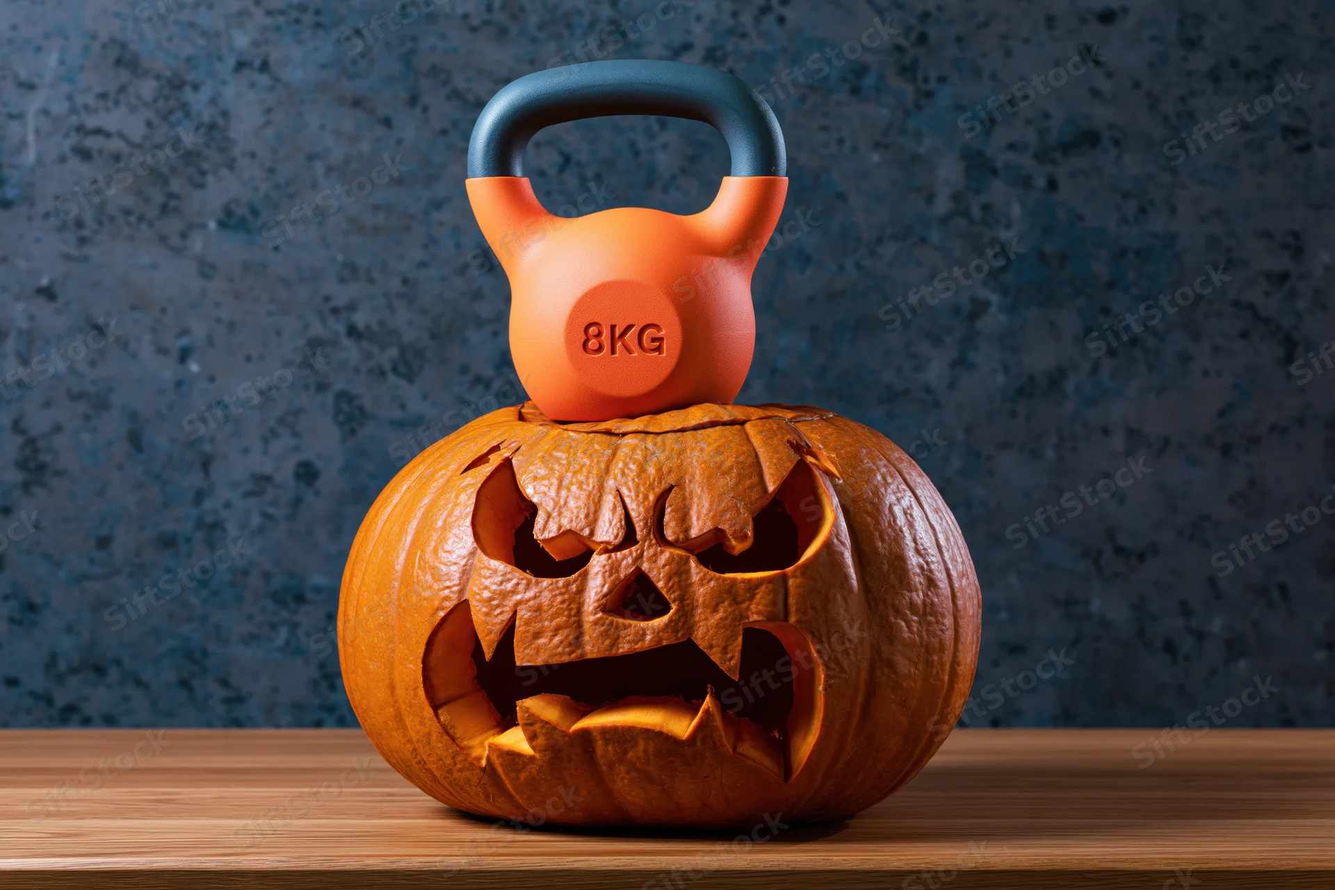 Carved jack-o-lantern with angry face holding an 8kg kettlebell on wooden table