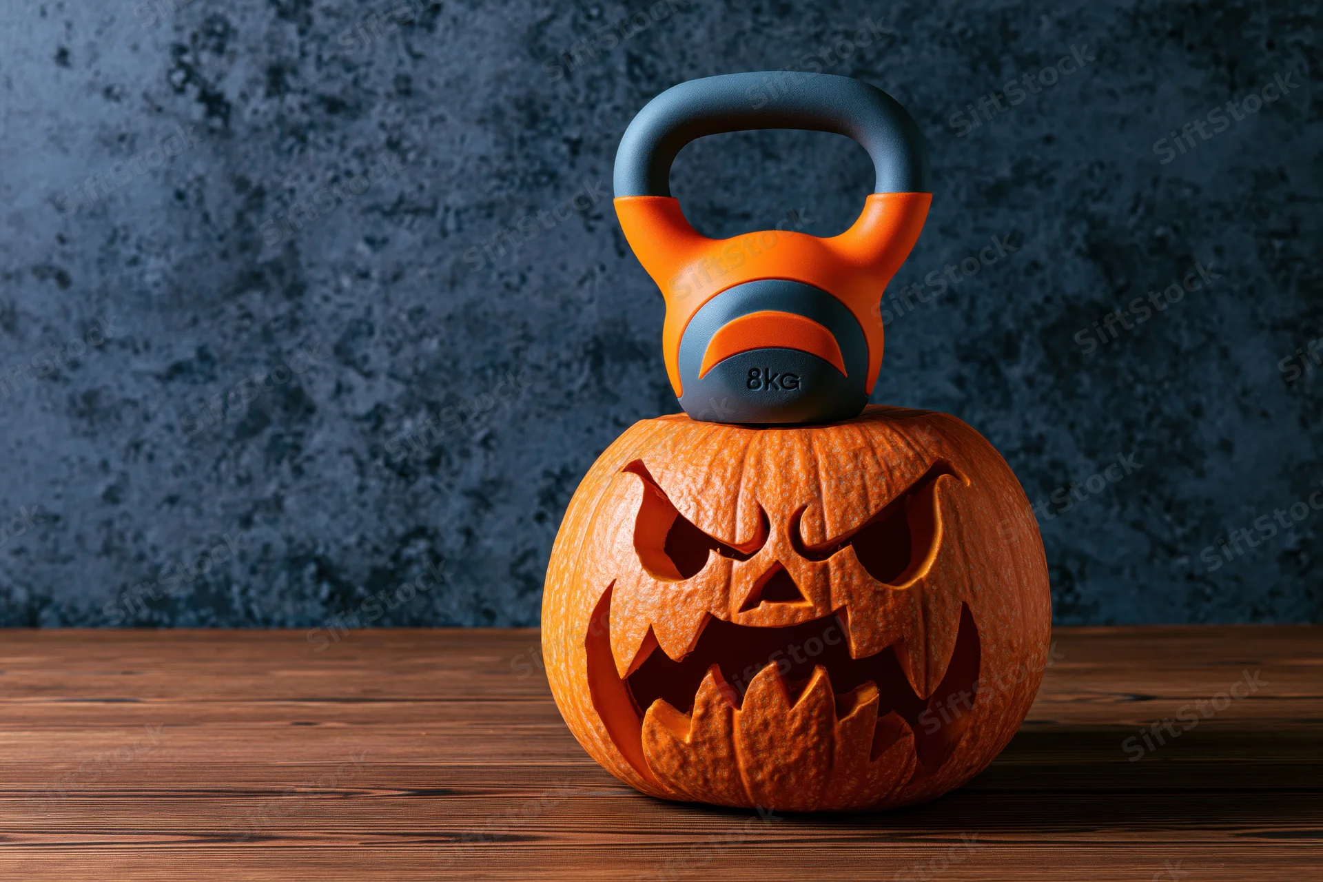 Carved jack-o-lantern with angry face holding kettlebell on wooden table against dark textured wall