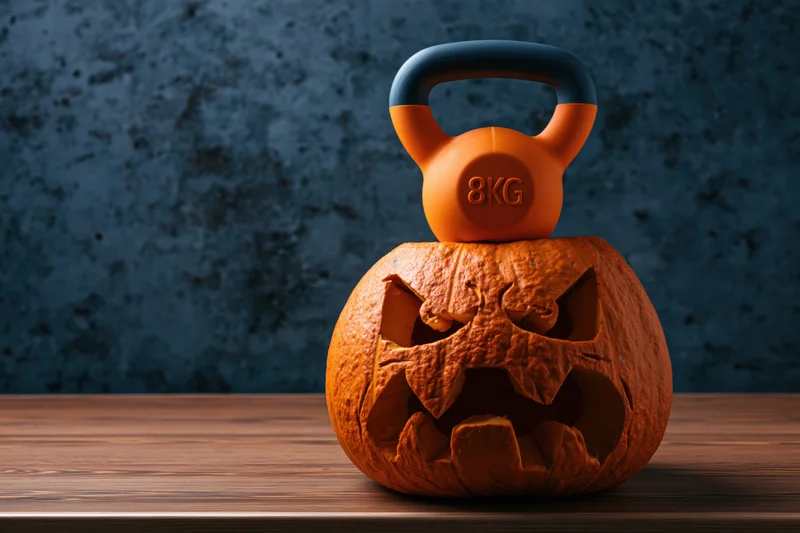 Carved pumpkin with angry face holding kettlebell on wooden table
