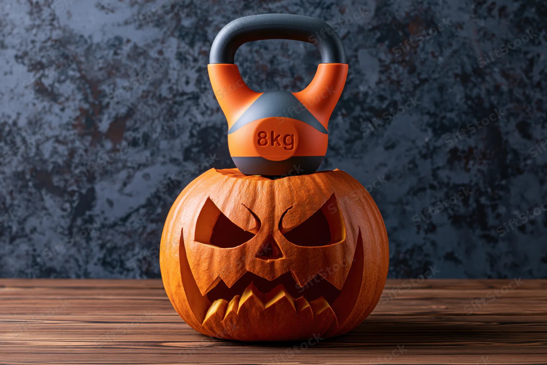 Carved halloween jack-o-lantern with angry face holding an 8kg kettlebell on wooden table