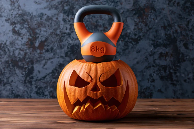 Carved halloween jack-o-lantern with angry face holding an 8kg kettlebell on wooden table