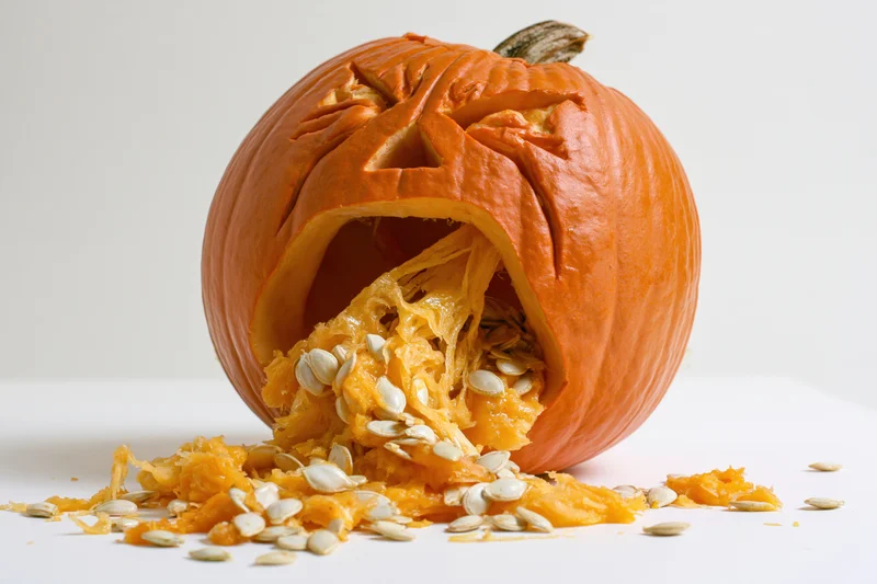 Carved pumpkin with anguished expression spilling seeds and pulp on white surface