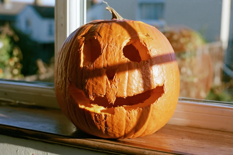Carved pumpkin with owl-like face on a windowsill in daylight