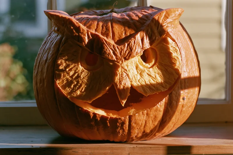 Carved pumpkin shaped like an owl sitting on a windowsill with sunlight casting shadows