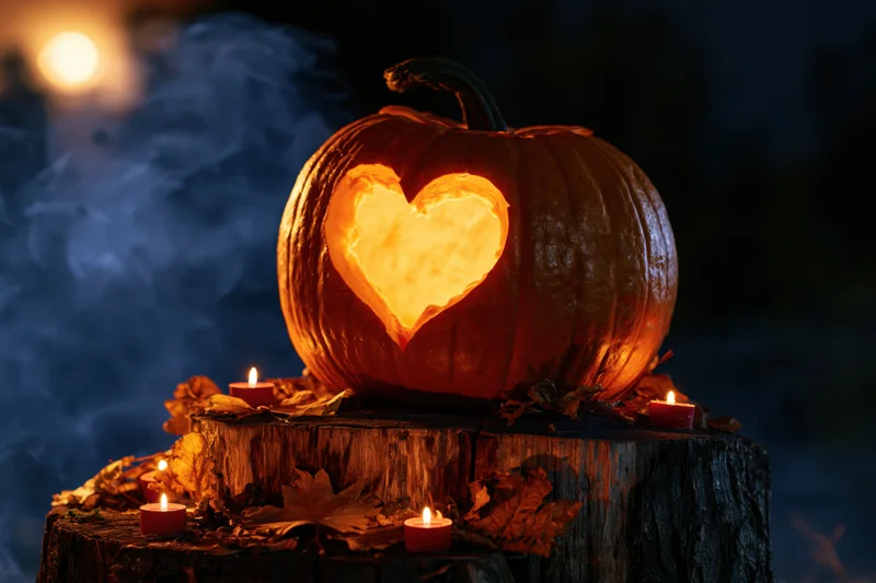 Carved pumpkin with heart-shaped opening glowing on a tree stump surrounded by candles and autumn leaves at night