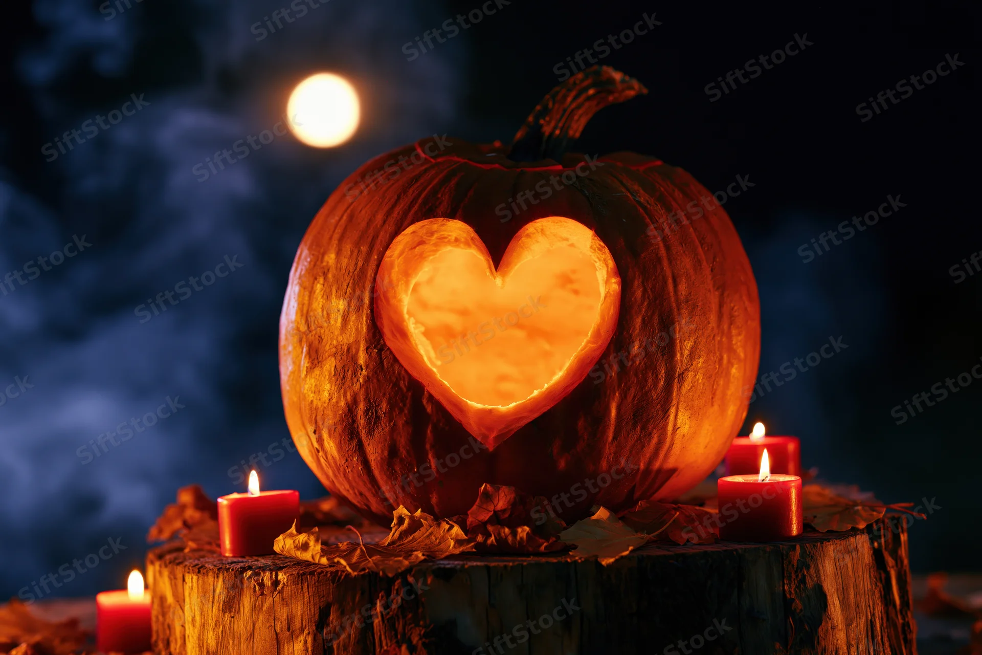 Carved pumpkin with heart-shaped opening glowing on wooden stump at night surrounded by candles and smoke
