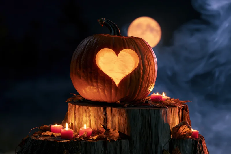 Carved pumpkin with heart-shaped glow on wooden stump surrounded by candles and autumn leaves at night