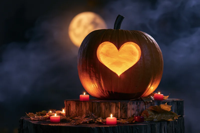 Carved pumpkin with heart-shaped glow on wooden stump surrounded by candles and autumn leaves at night