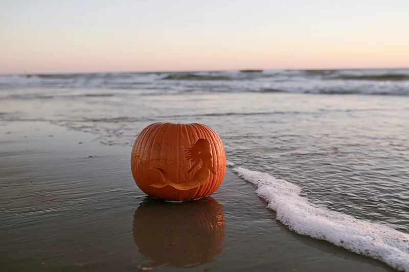 Carved pumpkin with mermaid silhouette on wet sand at beach during sunset