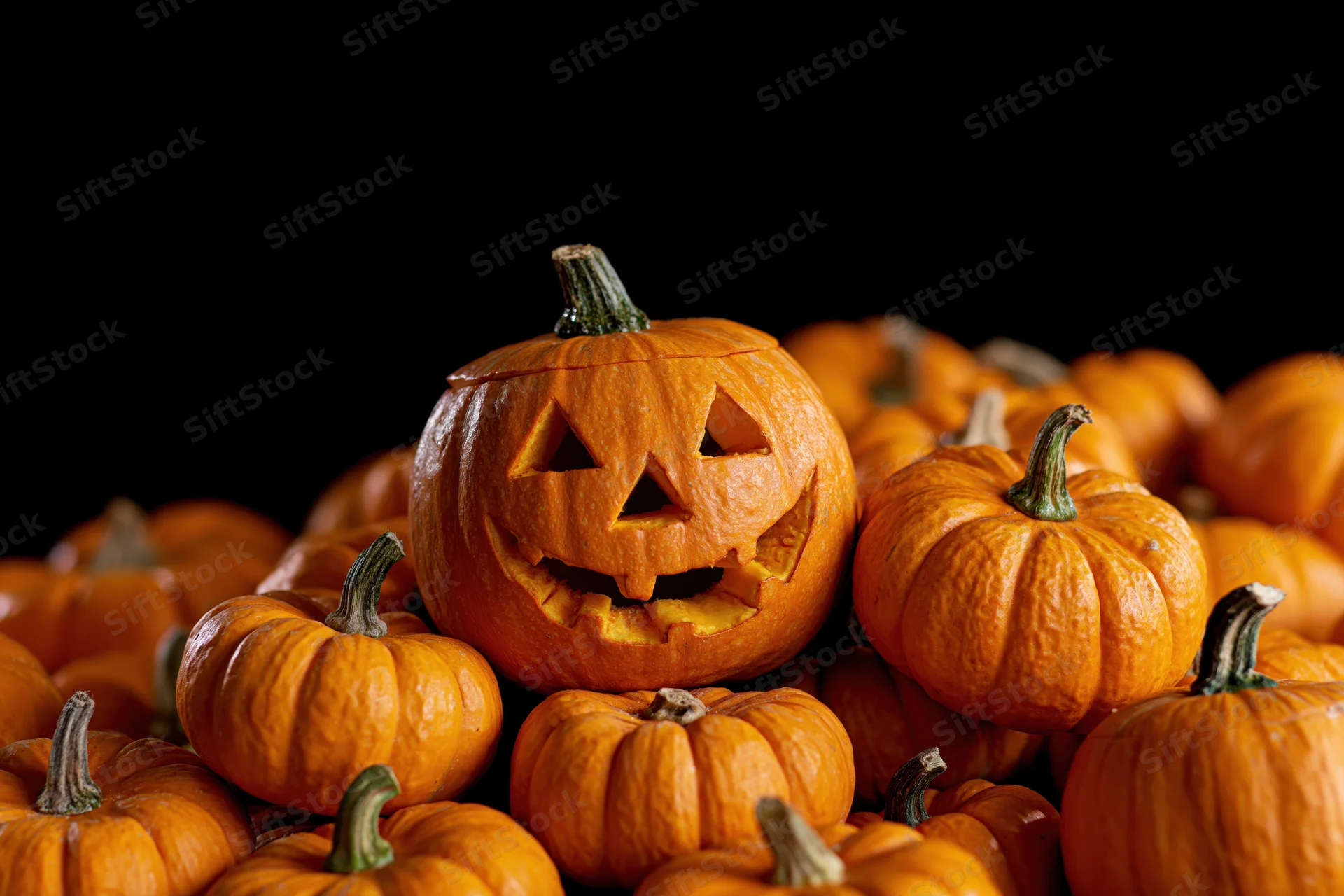 Carved jack-o-lantern with grinning face nestled among small pumpkins on black background