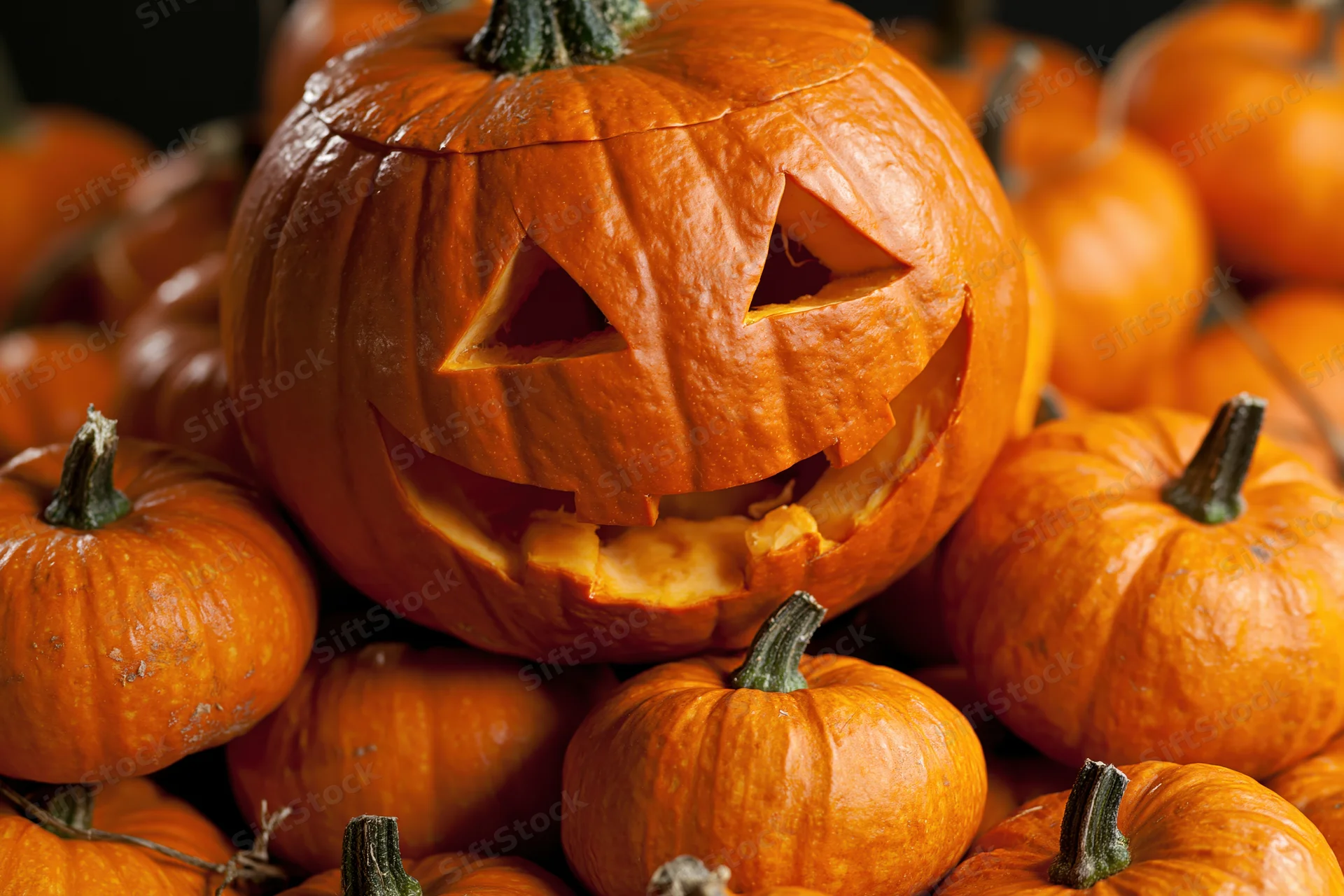 Carved jack-o-lantern with grinning face nestled among a pile of pumpkins