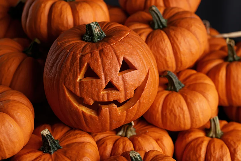 Carved jack-o-lantern with grinning face among stacked pumpkins