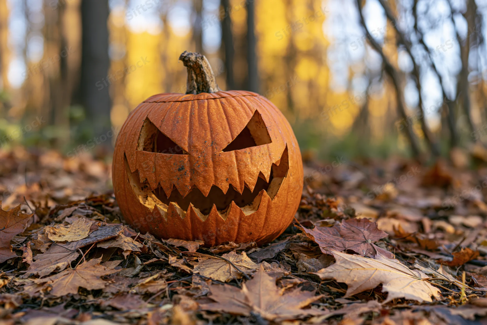 Carved jack-o-lantern with jagged grin resting on fallen leaves in a forest