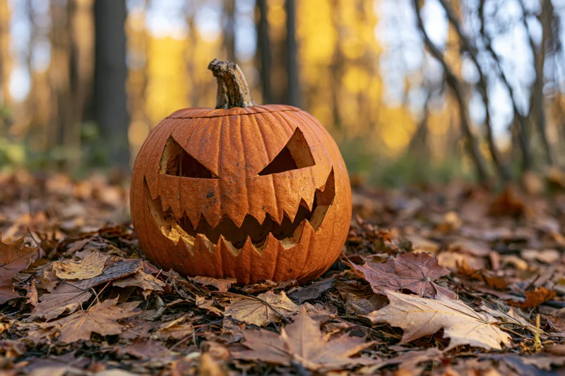Carved jack-o-lantern with jagged grin resting on fallen leaves in a forest