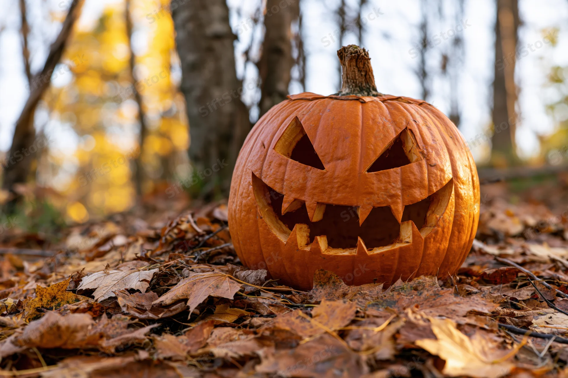 Carved jack-o-lantern with jagged grin resting on fallen leaves in a forest during autumn