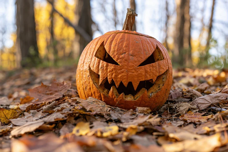 Carved jack-o-lantern with jagged grin resting on fallen leaves in a forest during autumn