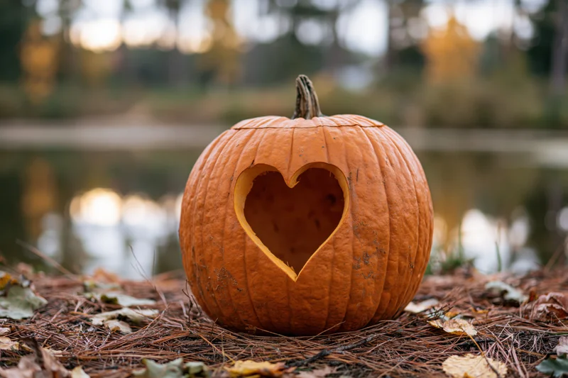 Carved pumpkin with heart-shaped cutout resting on forest ground near water