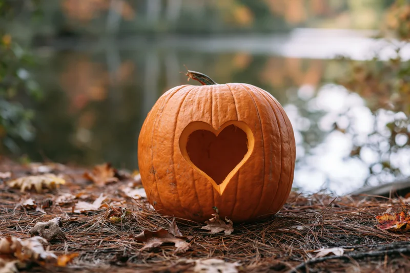 Carved pumpkin with heart-shaped cutout resting on forest ground covered in fallen leaves