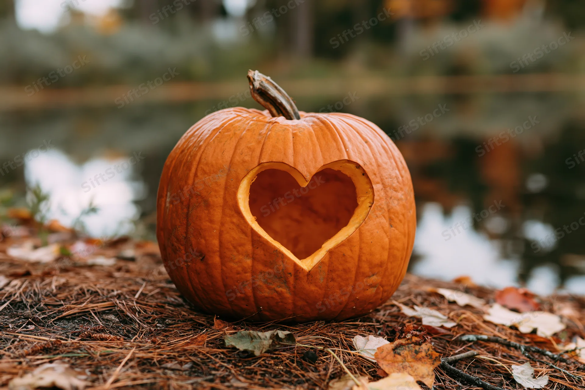 Carved pumpkin with heart-shaped cutout resting on forest ground covered in pine needles and fallen leaves