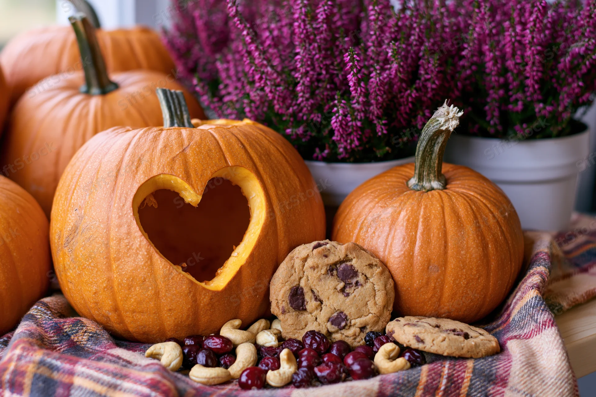 Carved pumpkin with heart-shaped cutout among small pumpkins, cookies, dried fruit, and purple heather in a pot on a plaid blanket