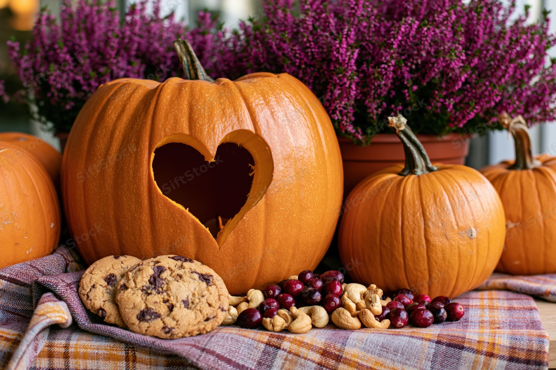 Carved pumpkin with heart-shaped cutout surrounded by smaller pumpkins, cookies, cranberries and nuts on a plaid cloth