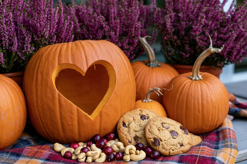 Carved pumpkin with heart-shaped cutout among other pumpkins and cookies on a plaid blanket outdoors