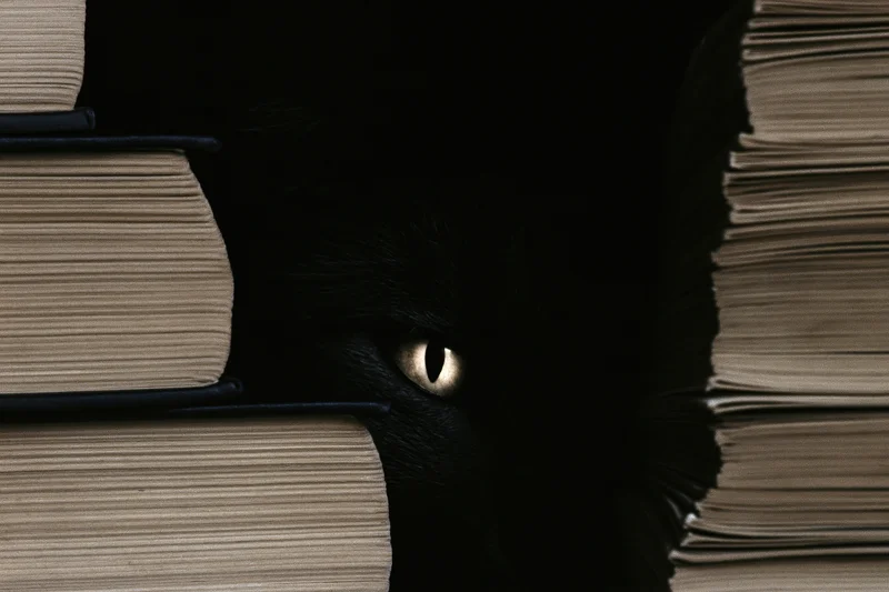 Black cat's glowing eye peeking through gap between stacked books in dark setting