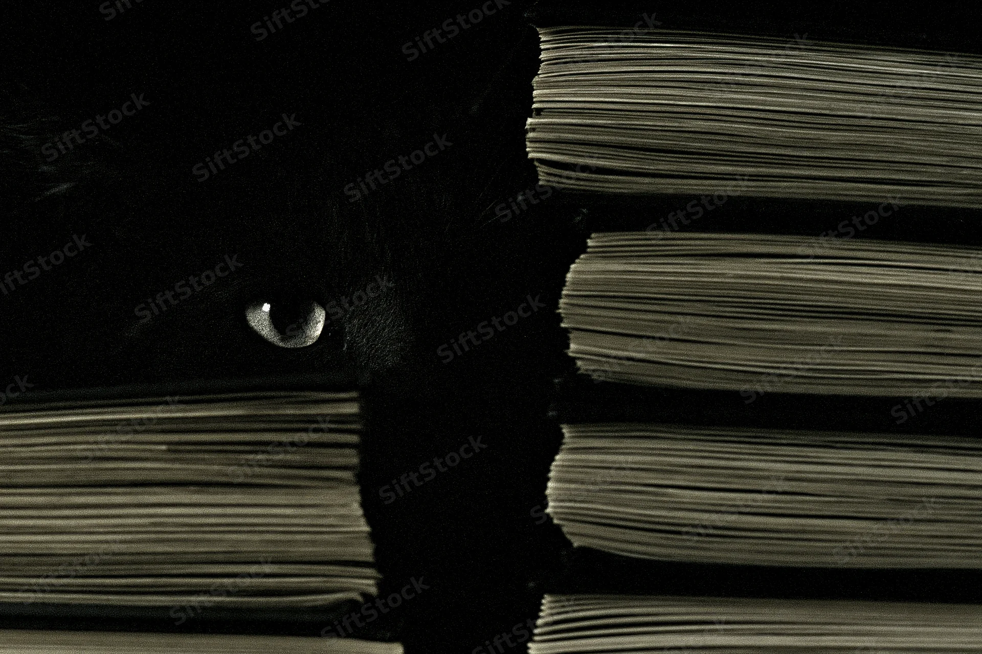 Cat's glowing eye peeking through gap between stacked books on shelf