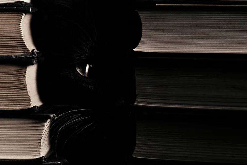 Black cat's glowing eye peeking through gap between stacked books on shelf