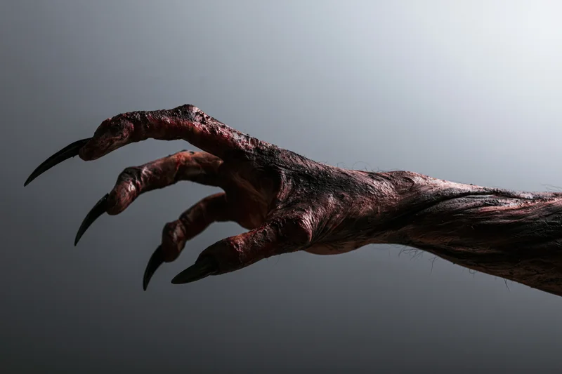 Monster hand with sharp claws reaching forward against dark background