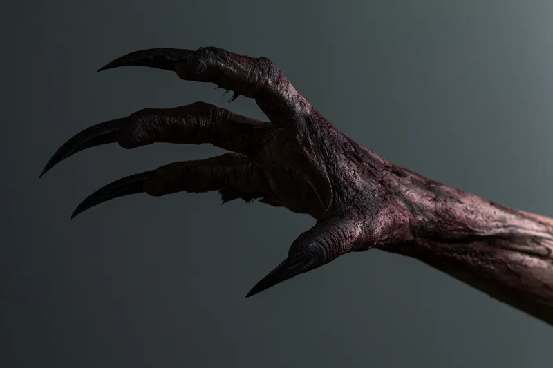 Clawed monster hand reaching forward against dark background
