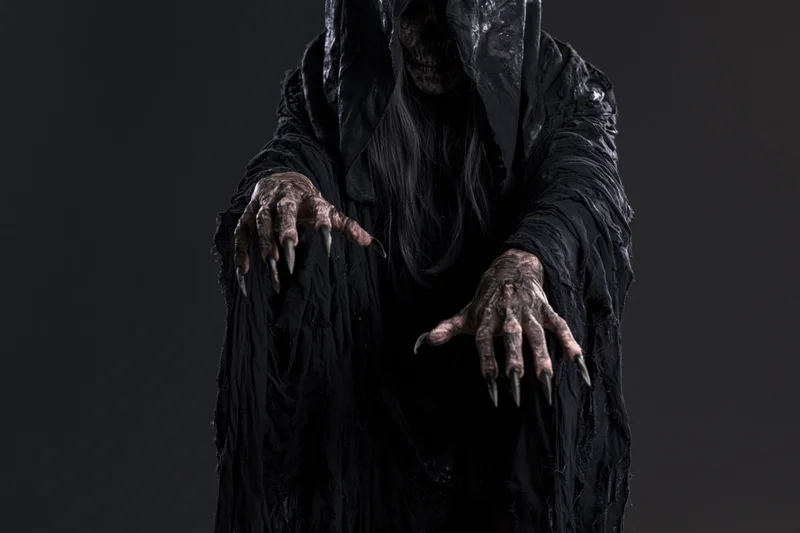 Hooded wraith figure with clawed hands reaching forward against dark background