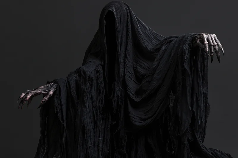Hooded specter in tattered black cloak with clawed hands against dark background