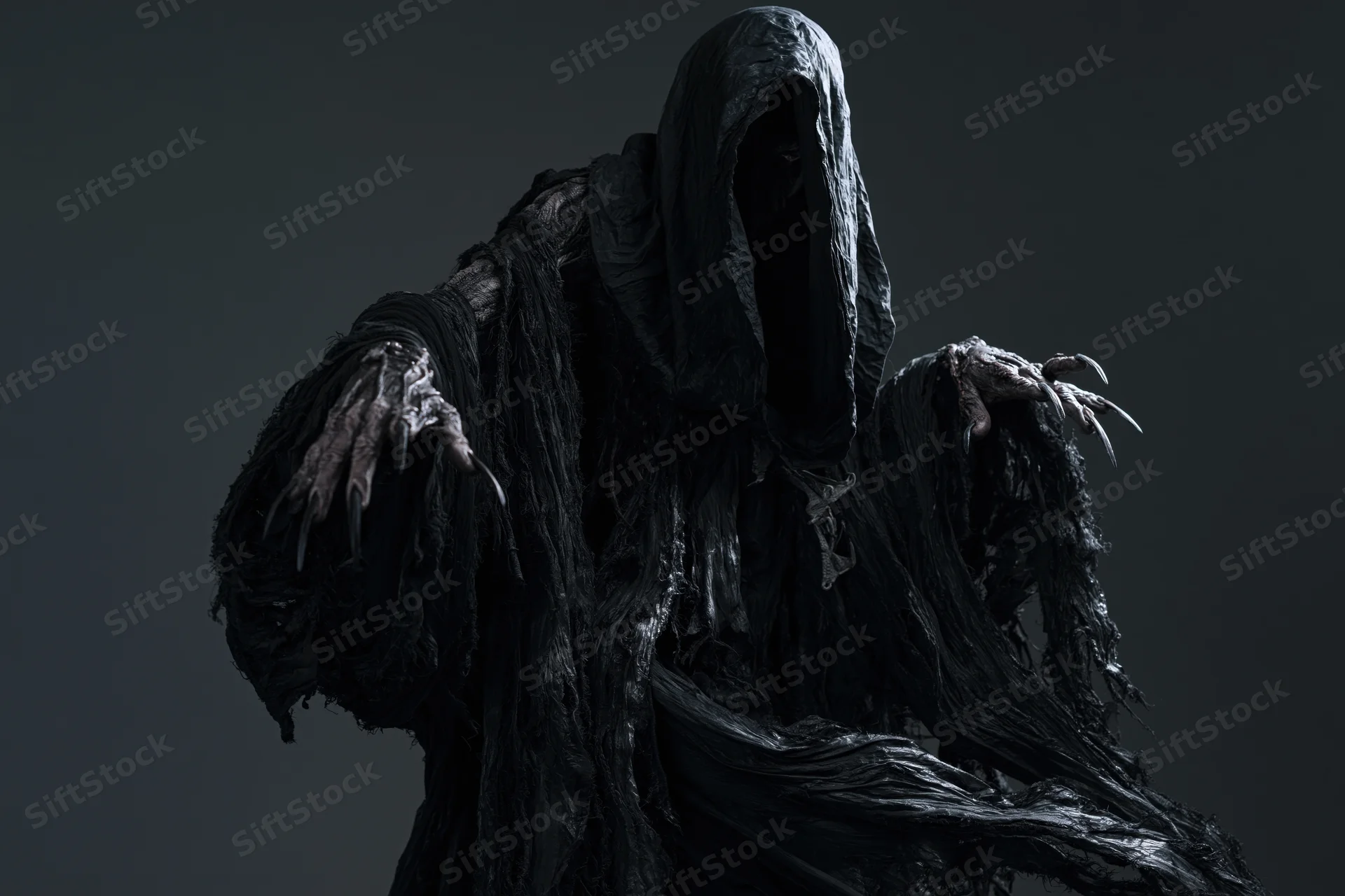 Hooded wraith figure with clawed hands in dark tattered cloak