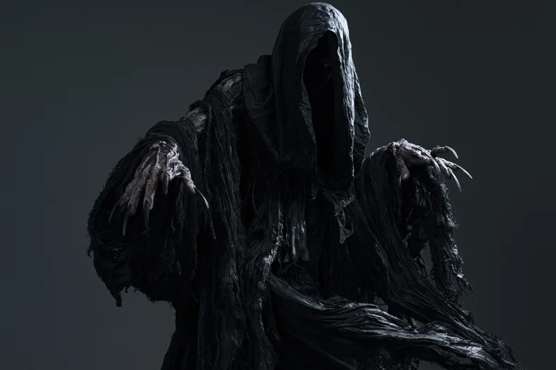 Hooded wraith figure with clawed hands in dark tattered cloak