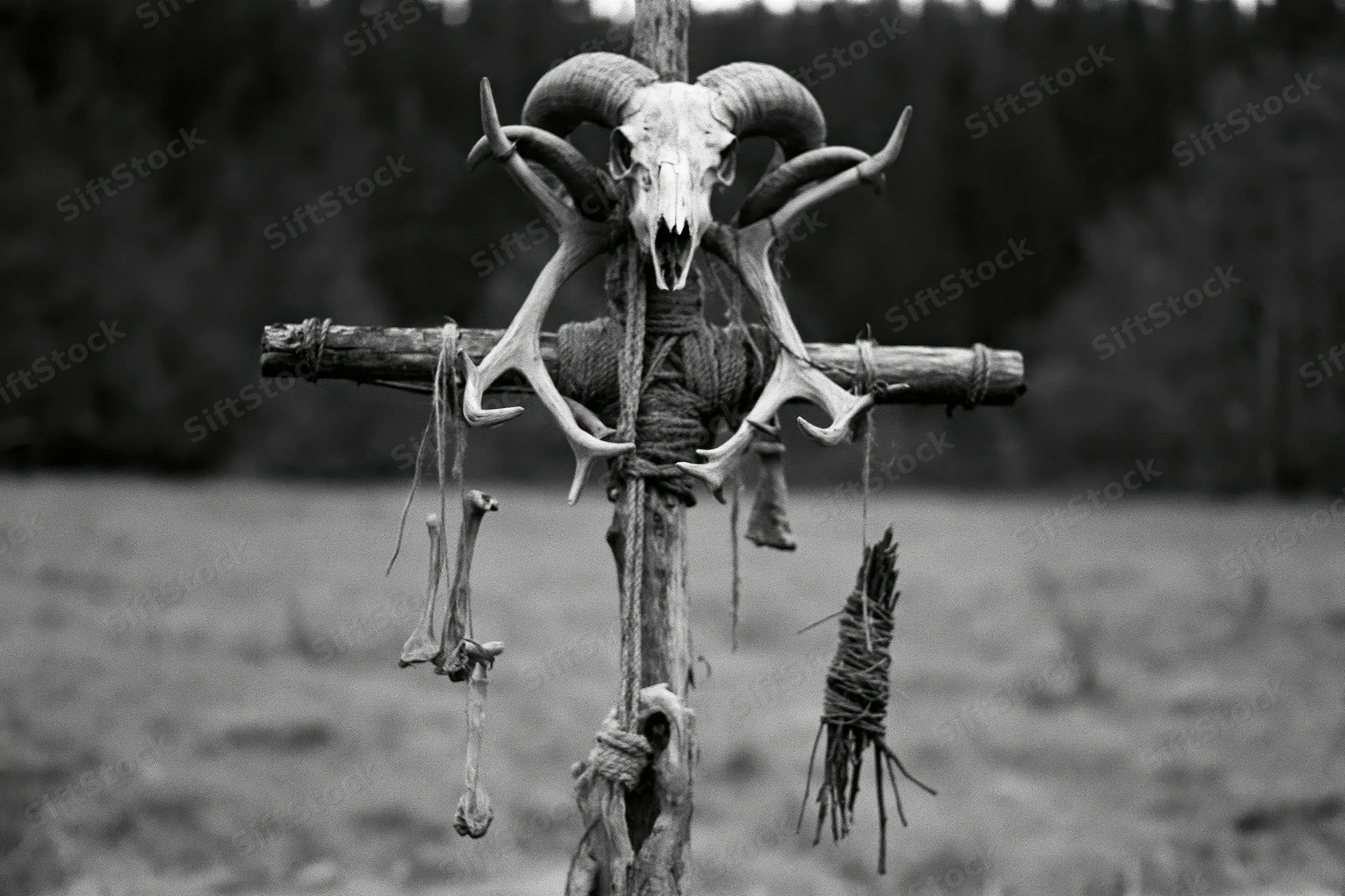 Wooden totem with ram skull and antlers tied to cross in open field