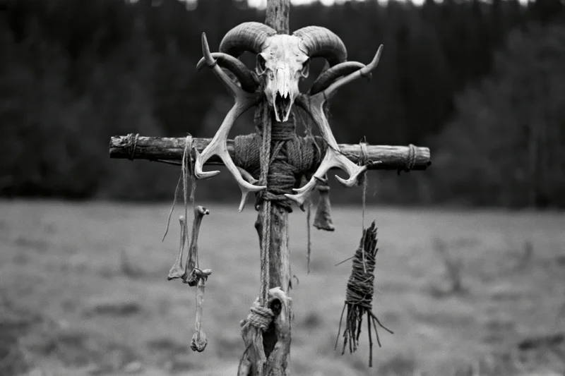 Wooden totem with ram skull and antlers tied to cross in open field