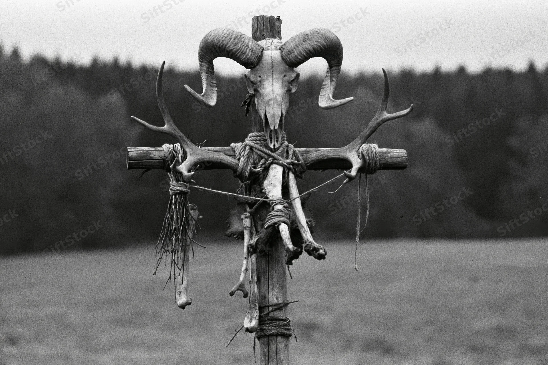 Wooden cross totem with ram skull and antlers in open field