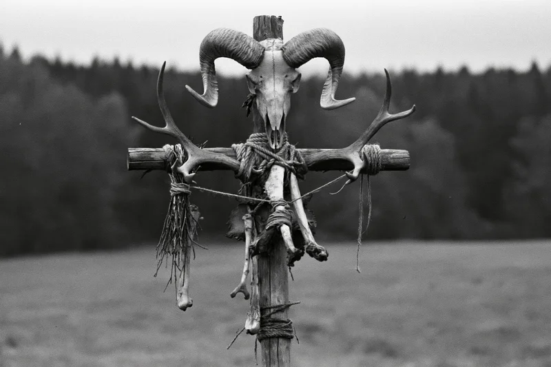 Wooden cross totem with ram skull and antlers in open field