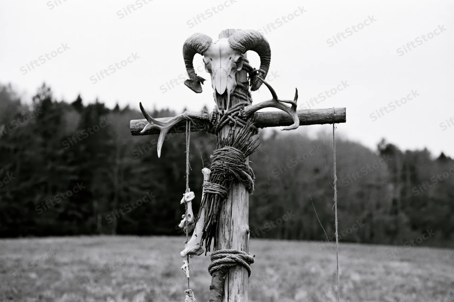 Wooden totem pole with ram skull and antlers in a field near forest