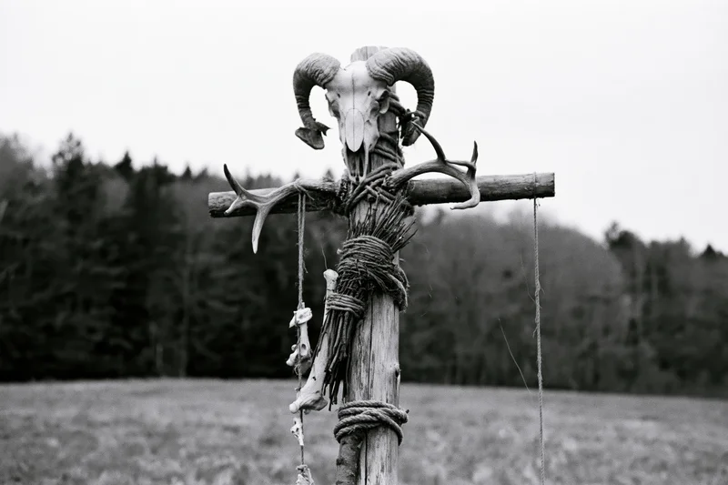 Wooden totem pole with ram skull and antlers in a field near forest