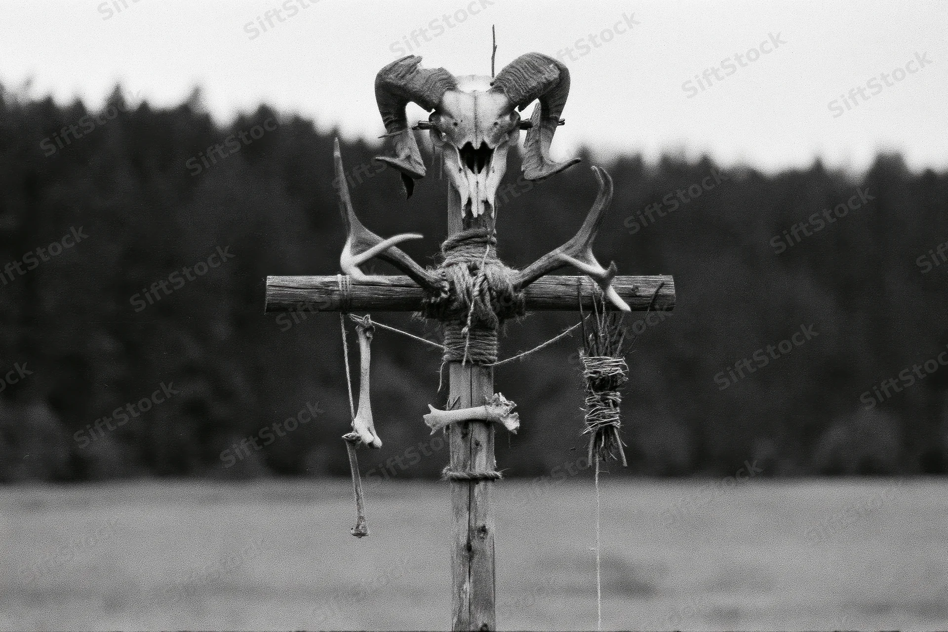 Wooden cross-shaped totem with ram skull and antlers in open field