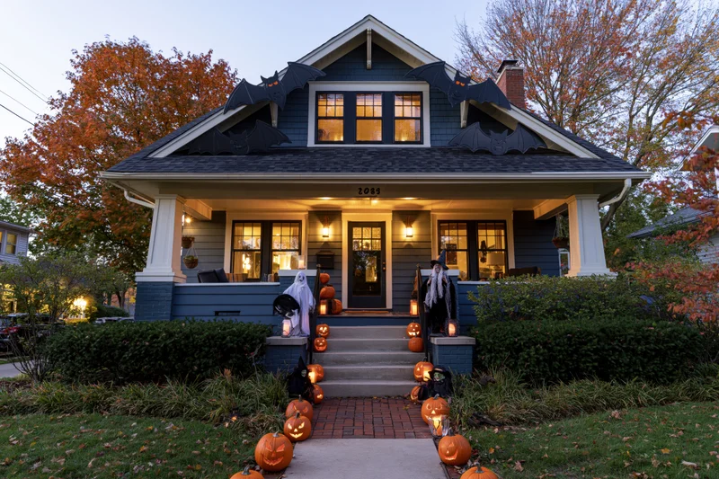 Dark blue-grey craftsman house decorated with pumpkins, bats, and costumes on the porch and pathway for halloween evening